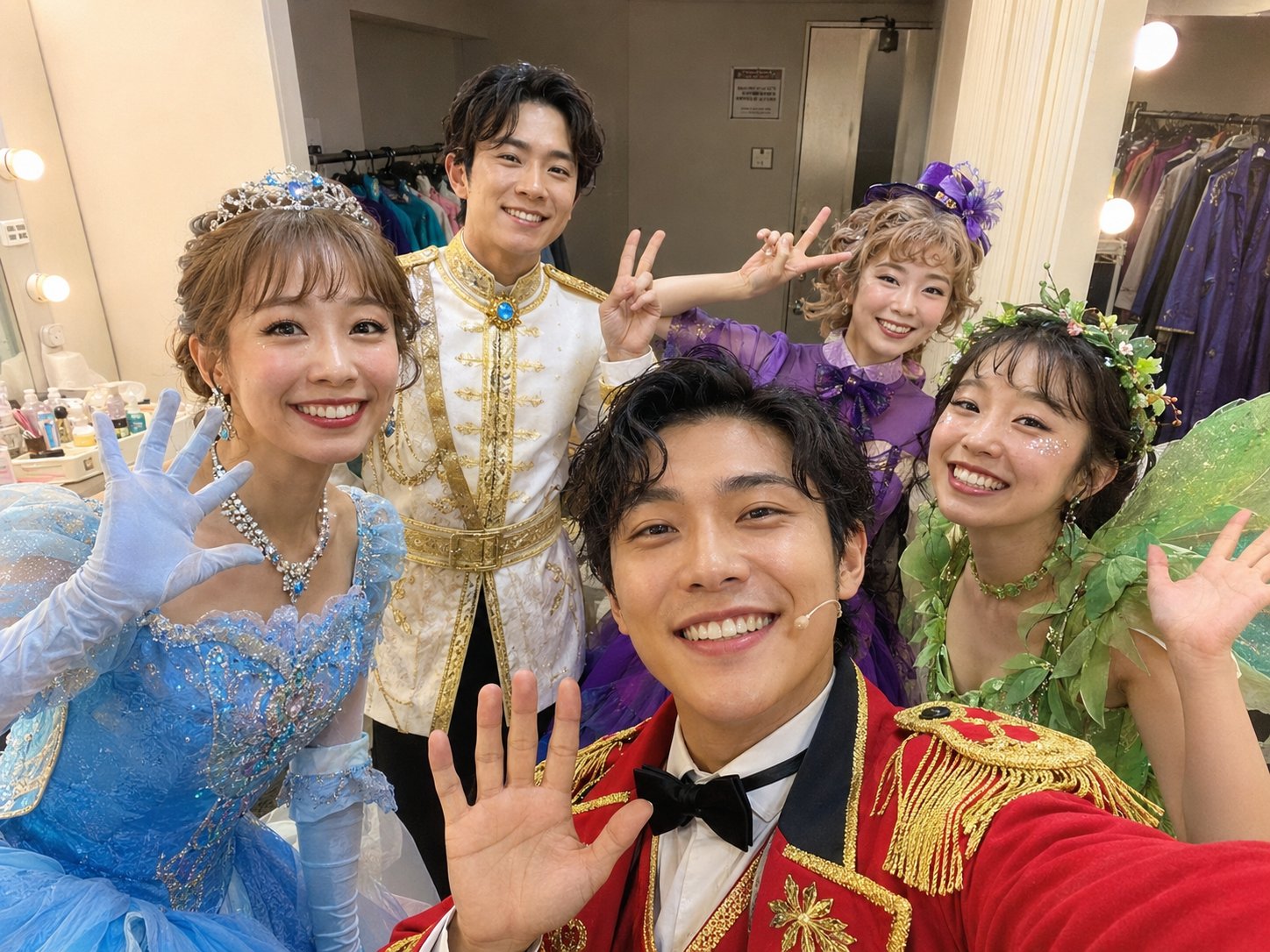 ミュージカル公演の楽屋で衣装姿の出演者がカメラに向かって笑顔を見せるオフショット撮影イメージ